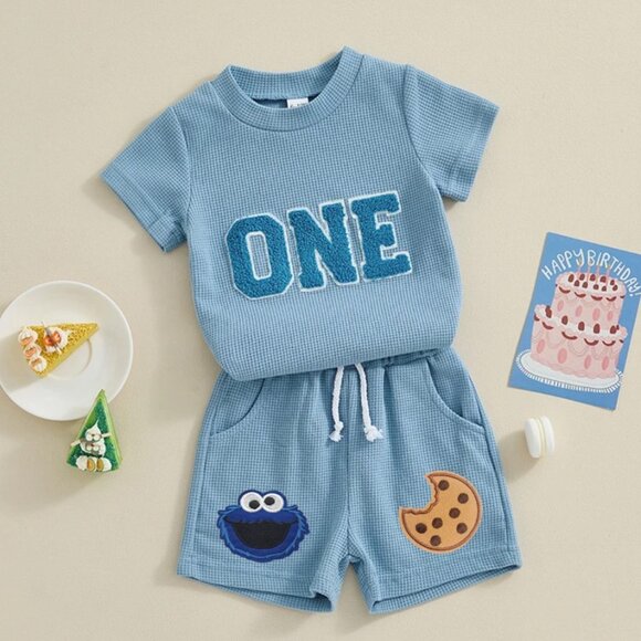 Blue Boy First Birthday Outfit Clothes Shirt Cookie Monster Shorts Sesame Street - Picture 2 of 3